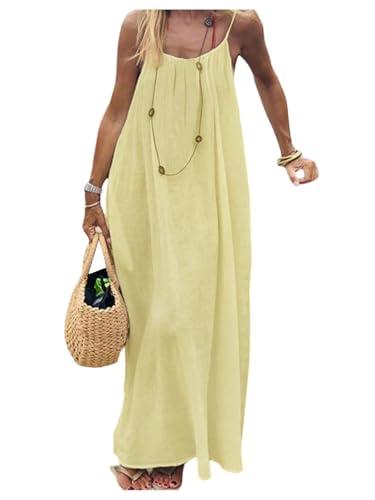 MakeMeChic Women's Summer Flowy Maxi Dresses Vacation Spaghetti Strap Sleeveless Backless Dress Yellow Large