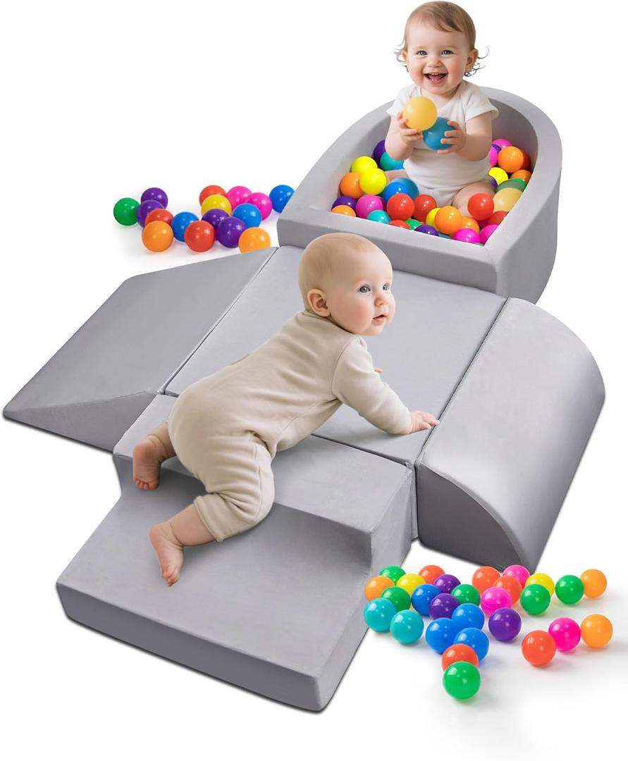Baby Climbing Blocks, Soft Play Set for Crawling Baby 6-12 Months, Anti-Slip Particles Bottom & Velcro Connectors, High-Density Foam Gym with Soft Fabric Cover (Balls not Included)(Grey)
