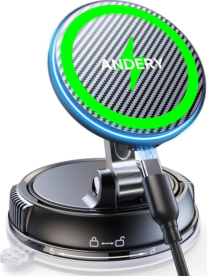 ANDERY Only for iPhone Magsafe Car Mount Charger [15W Fast Wireless Charging, 78+LBS Strong Suction 2400gf Strong Magnetic] 360 Adjustable Car Phone Holder, Phone Holders for Your Car for pats & mats