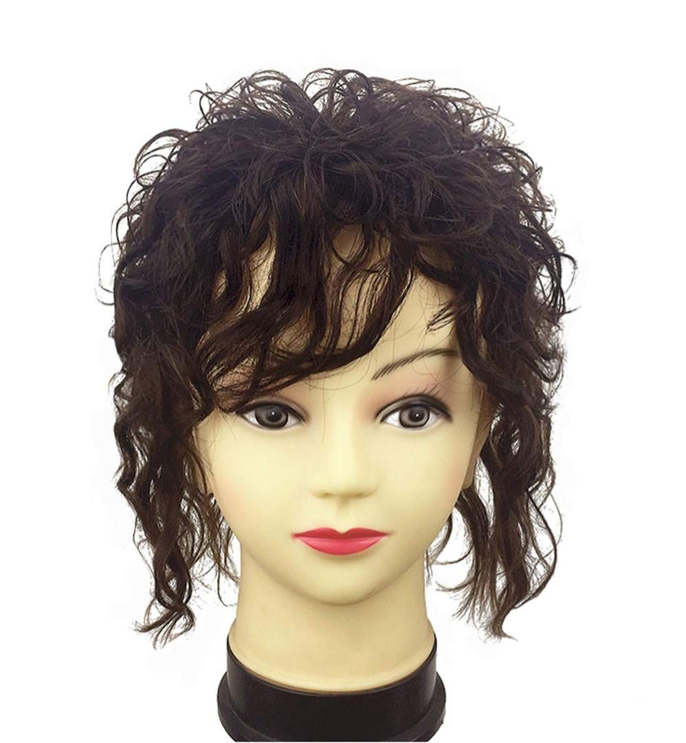 Clip in Real Human Hair Natural Curly Topper Hairpiece with Bangs for Women with Thinning Hair, Dark Brown
