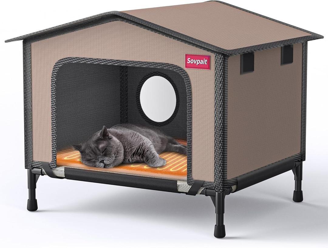 SOVPAIT Outdoor Heated cat House with Heating pad and Escape Door, Waterproof and Warm Stray cat House, Suitable for Indoor, Outdoor, Winter, and Summer (Brown, L24*19 * 17)