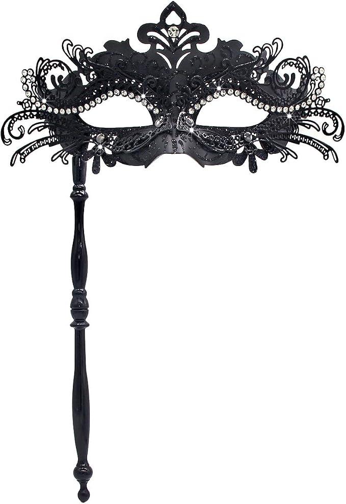 Womens Masquerade Mask with Stick, Handheld Mardi Gras Mask,Venetian Party Mask, Blac