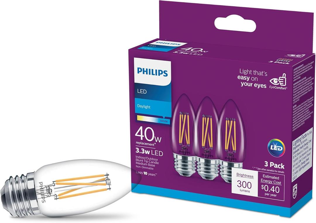 PHILIPS LED Clear Non-Dimmable B11 Light Bulb - EyeComfort Flicker Free - 3.3W = 40W - 300 Lumen - Daylight (5000K) - E26 Base - Indoor - Title 20 - Pack of 3 PHILIPS LED Clear Non-Dimmable B11 Light Bulb - EyeComfort Flicker Free - 3.3W = 40W - 300 Lumen - Daylight (5000K) - E26 Base - Indoor - Title 20 - Pack of 3