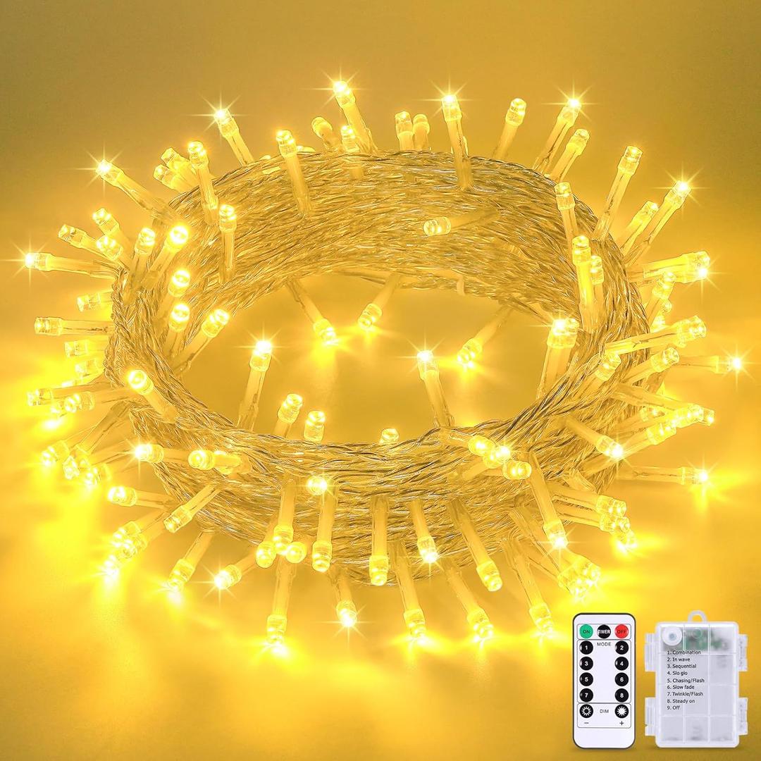 JMEXSUSS 33ft 100 LED Warm White Christmas Lights Outdoor, Battery Power String Lights Waterproof, Twinkle Fairy Mini Lights with 8 Modes Remote Indoor