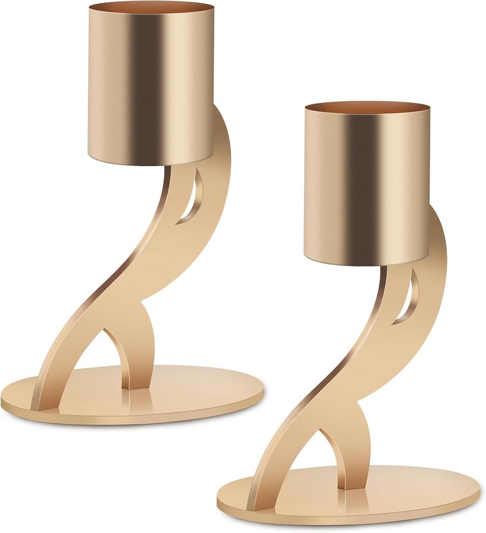 2PCS Taper & Pillar Candle Holders Set, Gold Vintage Candlesticks for 3/4 and 7/8 Inch Candles with Wedding Dining Table Centerpiece Decor and Fireplace Mantel Housewarming Gift (6852)