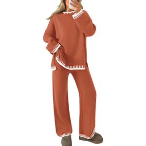 ZESICA Womens Casual 2 Piece Outfits Sweater Sets Long Sleeve Pullover Tops Wide Leg Pants Lounge Set (Orange, M)