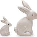 DN DECONATION Wooden Antique White 3D Bunny Rabbit Figurines for Spring Easter Decor Gift Set of 2