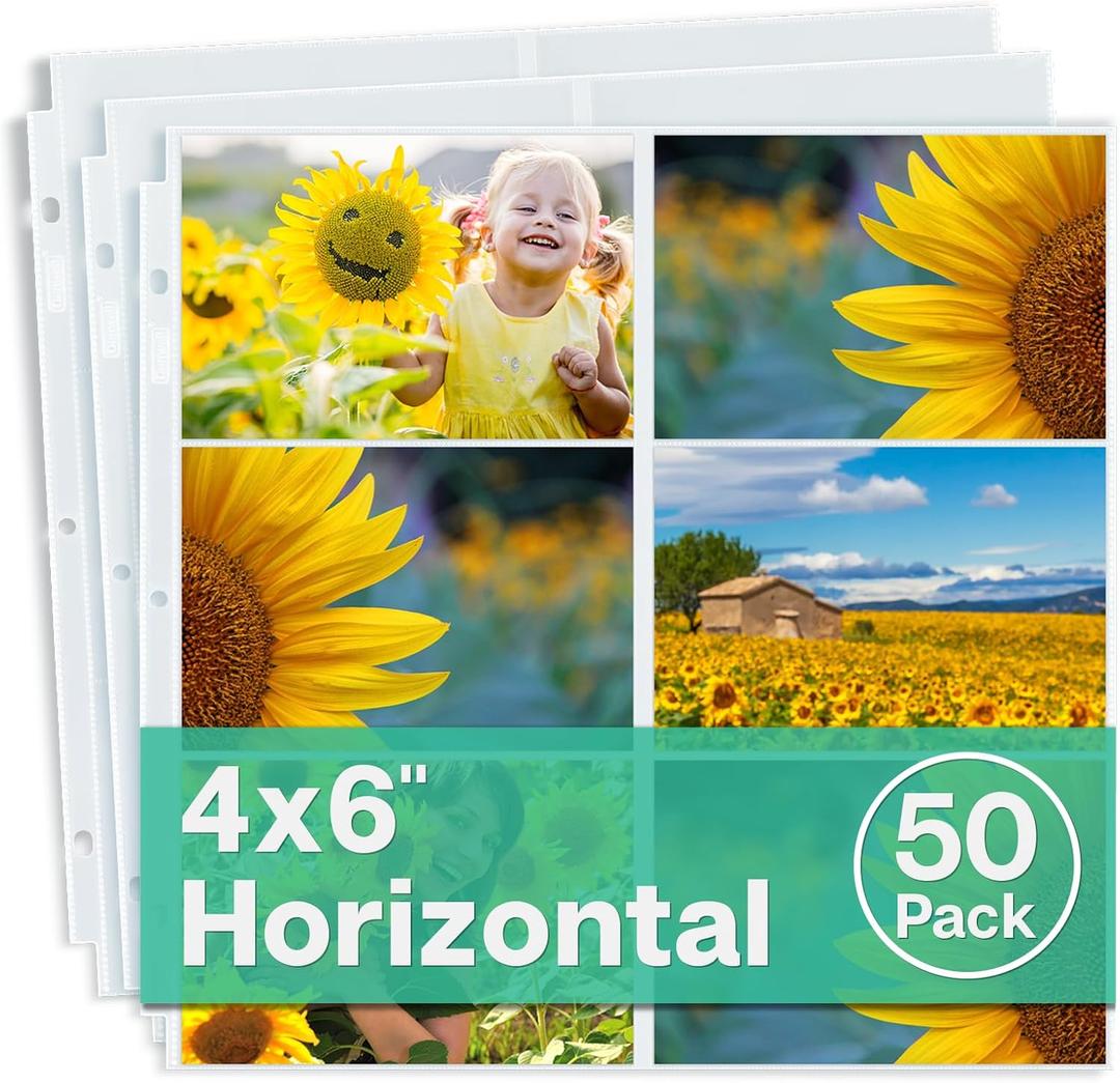 Dunwell 12x12 Scrapbook Page Protectors - 4x6 Photo Album Pages for 3-Ring Binder, (50-Pack, Horizontal Layout), Holds 600 Pictures, Durable Refill Sleeves, Scrapbooking, Fits Pioneer & WRMK Albums