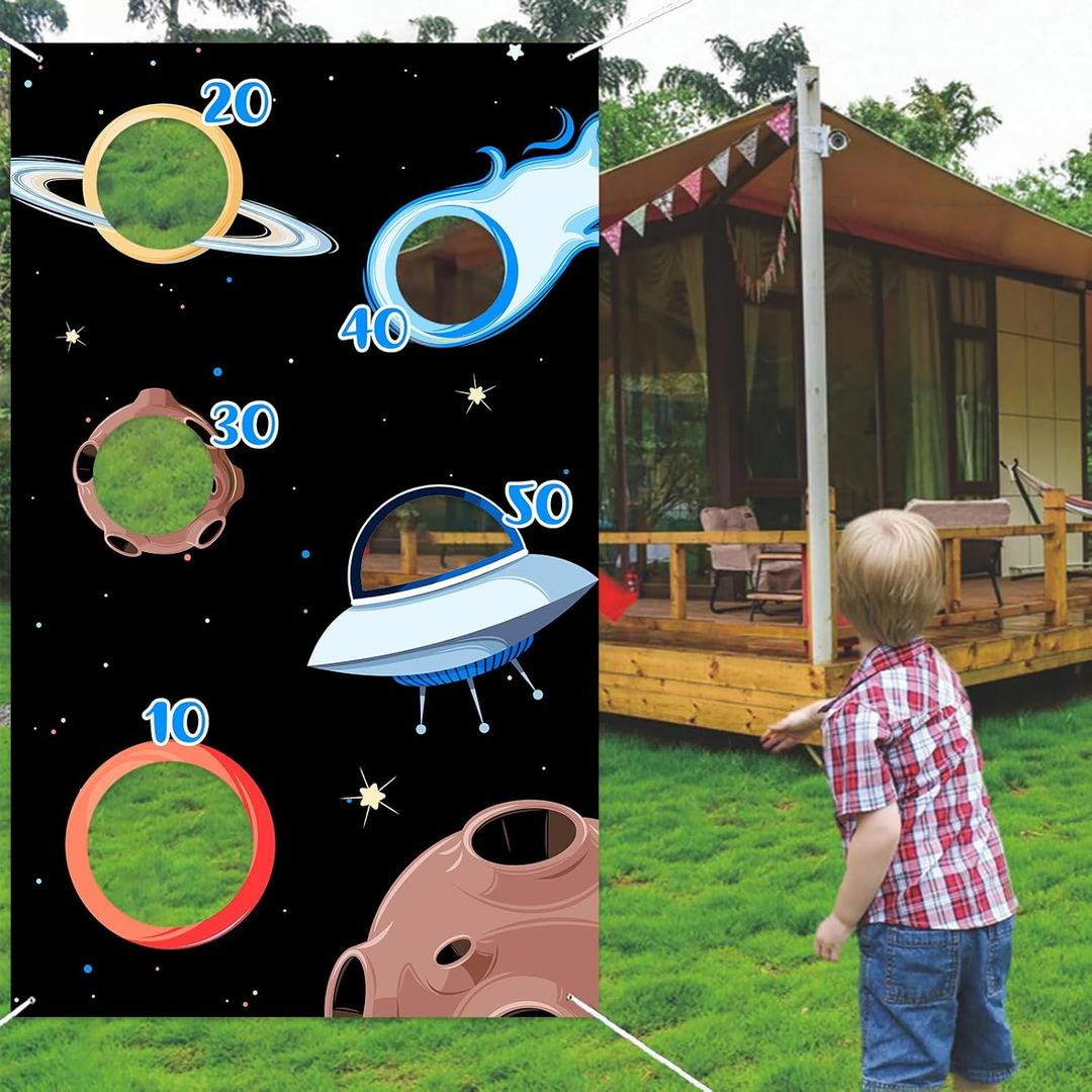 Outer Space Rocket Toss Games Banner Backdrop Background Planet Universe Meteorites Stars UFO Theme Decorations Decor for Indoor Outdoor Birthday Party Supplies Photography Photo Booth Props