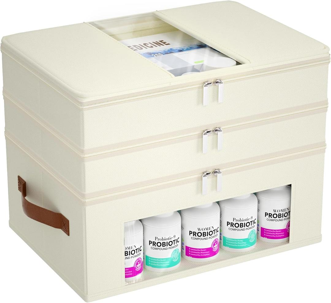 3-Tier Medicine Cabinet Organizer, Fabric Medicine Organizer for Cabinet with Leather Handle, Medicine Storage Box for First Aid, Organizers and Storage Home Must Haves (Beige)