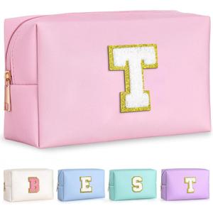 TOPEAST Dorm Room Essentials for Girls - Pink Initial Makeup Bag, College Essentials PU Leather Bag | Travel Car Essentials | Cute Stuff Birthday Gift for Friends Sister (Pink T)