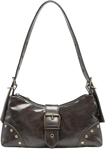 QWINEE Women's Studded Y2k Purse Rivet Hobo Purse Punk Leather Shoulder Bag with Buckle Brown# One-Size