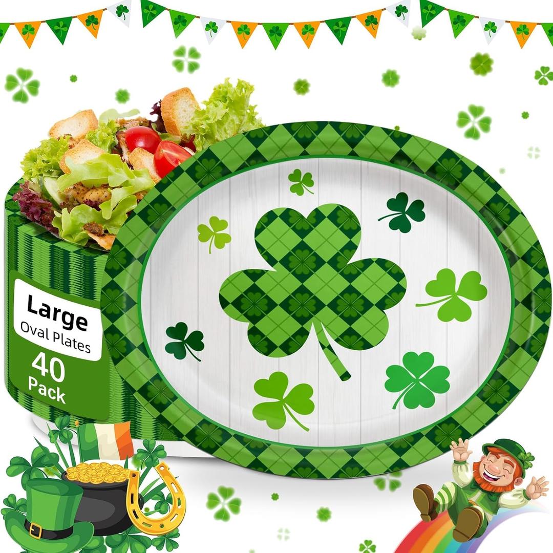 40 Pack St Patricks Day Plates 12 x 10 Inch St Patricks Paper Plates - Green & White Shamrock Large Disposable Dinner Platters for St Patricks Party Decorations