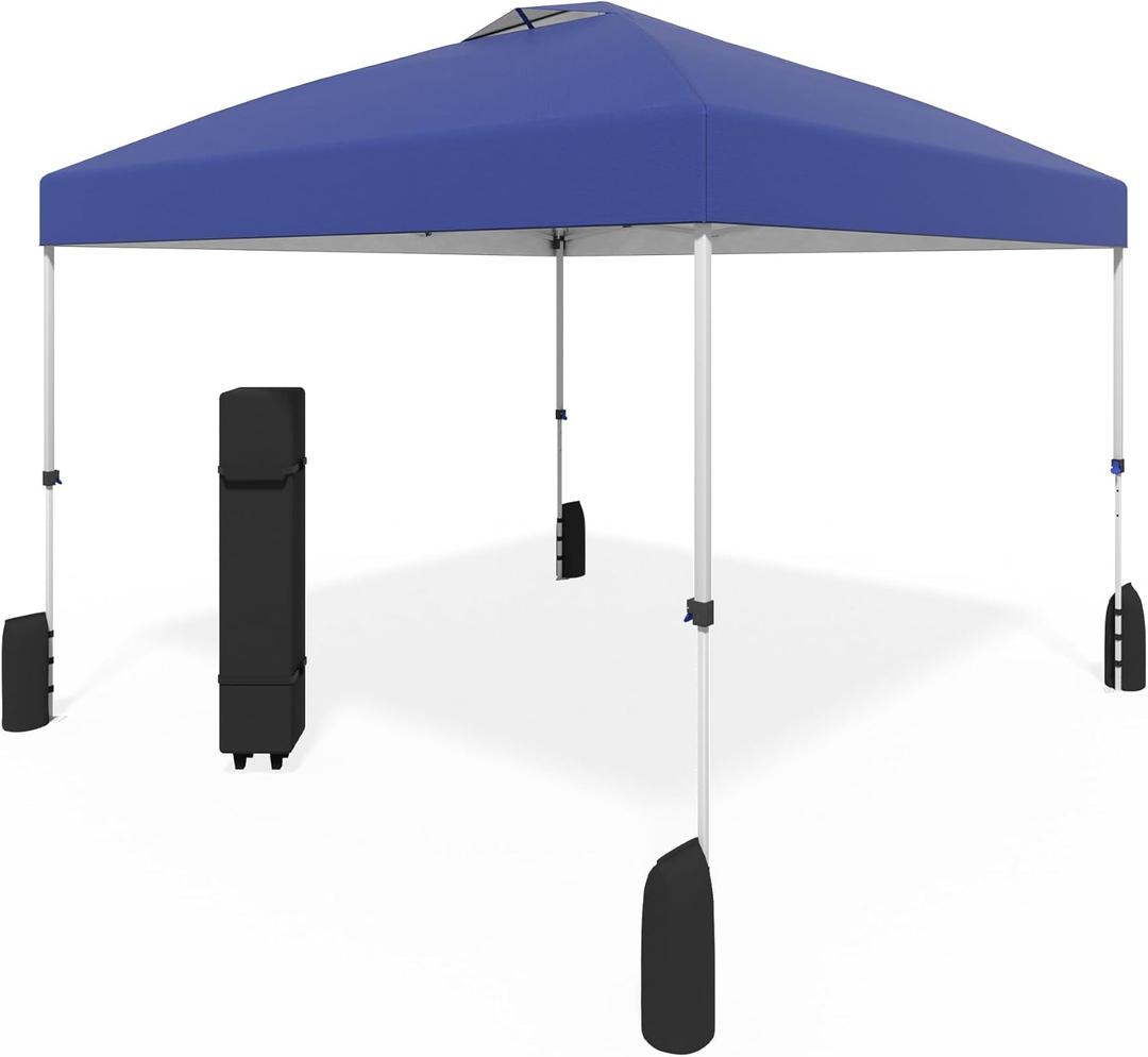 10x10 Pop Up Canopy - Instant Setup Beach Tent with Wheeled Carry Bag, 8 Sandbags & 4 Guy Lines - Portable Sun Shade for Camping, Events, Silver Coated Top, Blue
