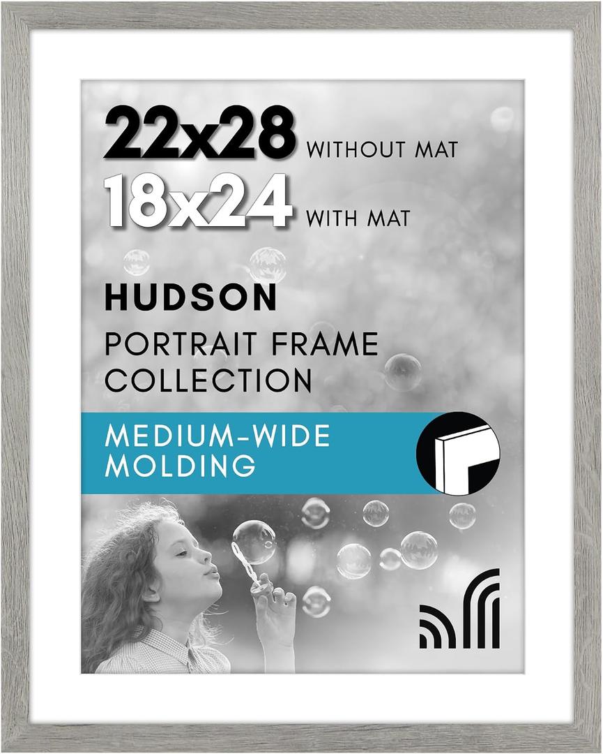 Americanflat 22x28 Poster Frame with Polished Plexiglass - Use as 18x24 Frame with Mat or Display 22x28 Photo Without Mat - Hudson Collection - Wide Picture Frames for Wall Display - Grey Wood