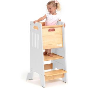 OCODILE Toddler Tower with a Sliding Door and 3 Adjustable Heights - Safe Toddler Kitchen Stool Helper with Support Feet - Updated Design for 18+ Months to 6-Year-Old Kids - White
