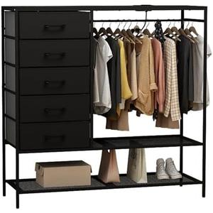 Azaeahom Dresser with Hanging Rack, Black Dresser for Bedroom, Chests of Drawers for Closet, 5 Fabric Drawers Clothes Rack, with Sturdy Metal Frame, LED Lights, Charging Station