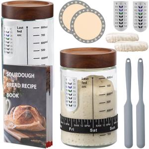 Sourdough Starter Kit,34oz Sourdough Starter Jar Glass with Sourdough Recipes Cookbook.Sourdough Bread Baking Supplies with Thermometer,Natural Wooden Lid, Anti-slip Mat,Sourdough Jar scraper (2 pack)
