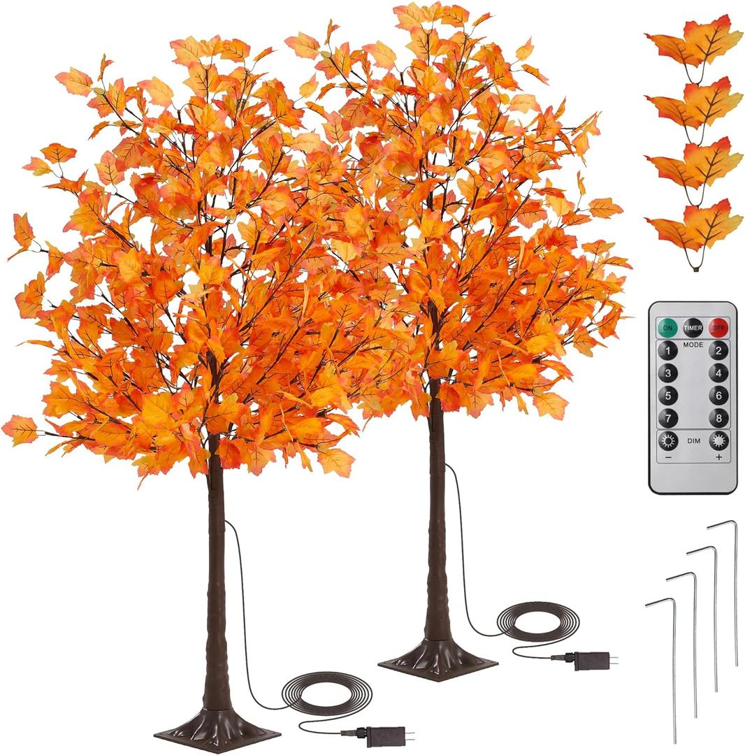 KOL 6FT 2-Pack Artificial Lighted Maple Tree with 288 Warm White Fairy LED Lights, Indoor Outdoor Home Party Thanksgiving Christmas Decor, Dense Faux Maple Leaves with Timing Remote 8 Flashing Modes