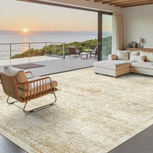 Soalmost Washable Area Rug 10x14, Large Soft Rugs for Living Room Vintage Beige Rug 10x14 Area Rugs for Bedroom Dining Room Floral Non-Slip Thin Rug