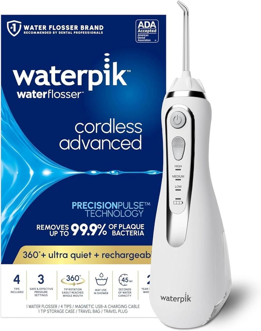 Waterpik Cordless Advanced 2.0 Water Flosser For Teeth, Gums, Braces, Dental Care With Travel Bag and 4 Tips, ADA Accepted, Rechargeable, Portable, and Waterproof, White WP-580,(8 Piece Set)