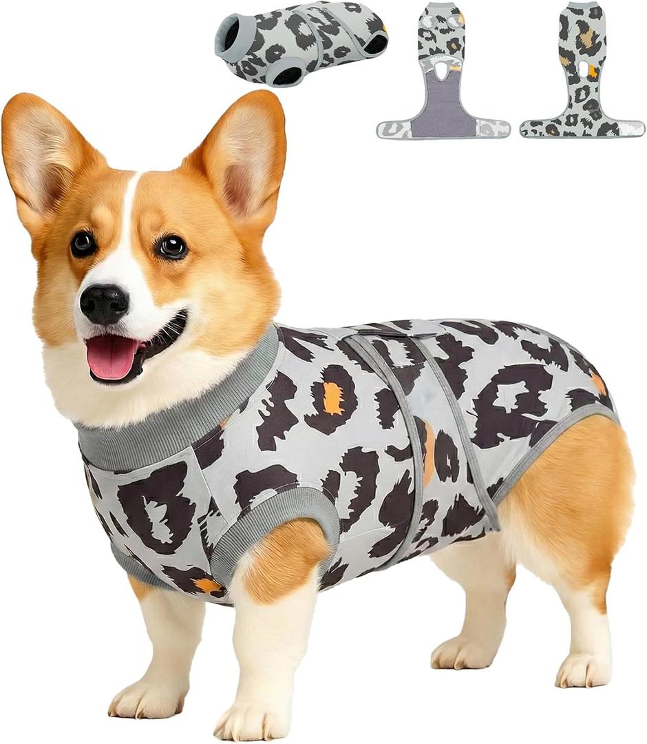 PetWarm Prevents Licking, Cotton Protect Abdominal, Dog Spay Recovery Suit, Recovery Suit for Dogs, Dog After Surgery Onesie for Male Female Dogs, Leopard Pattern, Green Grey, Small