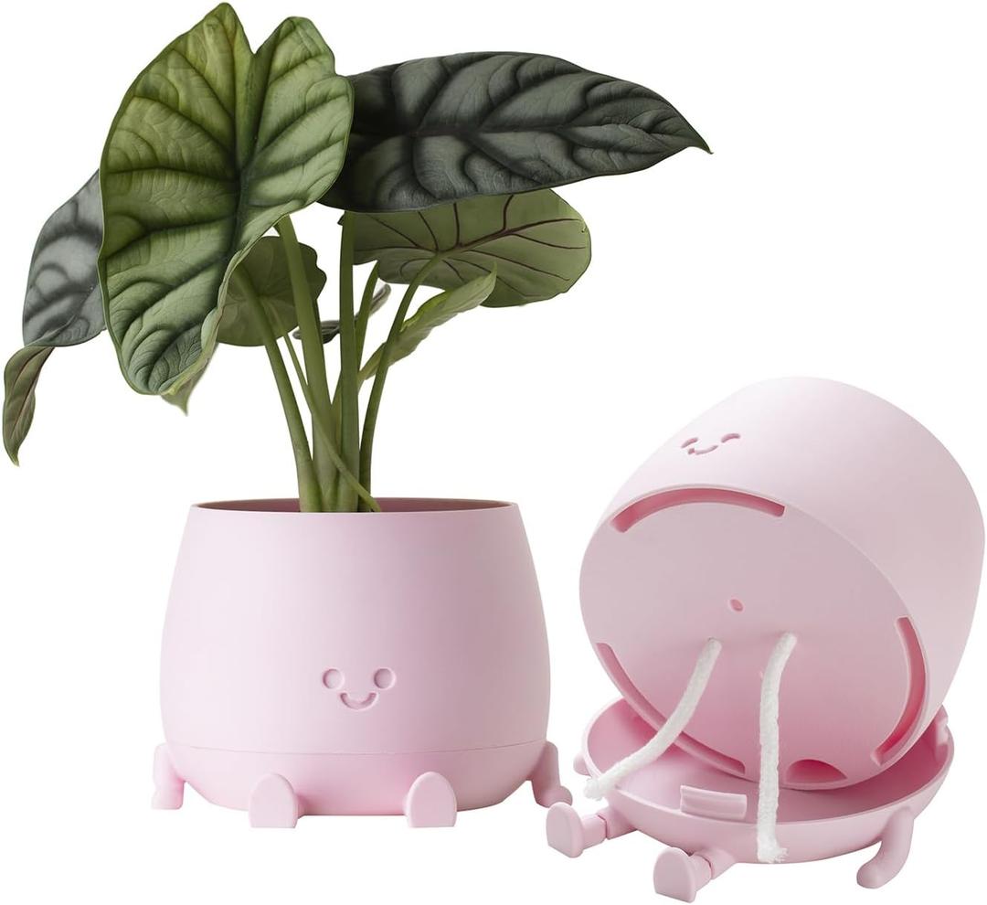TOPOLA Happy Face Planter, 5.2 Inches Plastic Plant Pot, Self Watering Plant Pot with Drainage Holes for Indoor Outdoor, Succulent Pot, Funny Flower Pot, Sakura