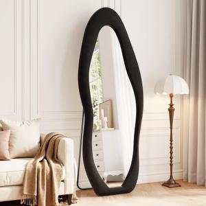 Full Length Mirror, 63"x24" Full Body Mirrors, Flannel Floor Mirrors with Stand, Irregular Wavy Mirror Hanging or Leaning Against Wall for Bedroom Living Room, Black