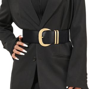 WHIPPY Women Wide Elastic Waist Belt for Dresses Fashion Gold Buckle Stretchy Leather Waistband for Ladies (Black)