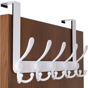 SKOLOO Over The Door Hook - for Doors up to 1-3/4'' Thickness, Metal Door Hanger with 5 Triple Hooks, Over The Door Hanger for Coats, Hats,Towels, White, Assembly Required