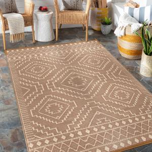 Wonnitar Outdoor Rug 6x9, Waterproof Patios Rug Reversible Plastic Straw Rug, Large Outside Area Rug, Portable Indoor Outdoor Carpet for Picnic Balcony Backyard Porch Deck (Beige & Brown,6'x9')