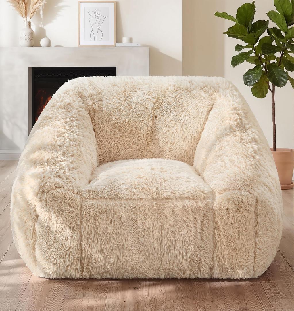 Hobestluk Bean Bag Chair Plush Accent Chair Armrest Living Room Adult Beige