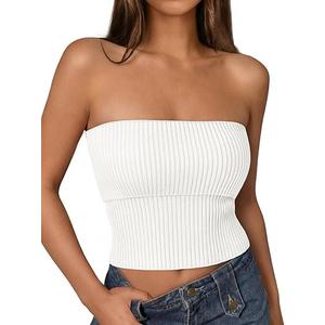 LILLUSORY Women’s 2026 Summer Strapless Tube Tops Y2K Stretchy Bandeau Crop Clothes for Beach Vacation and Going Out White S