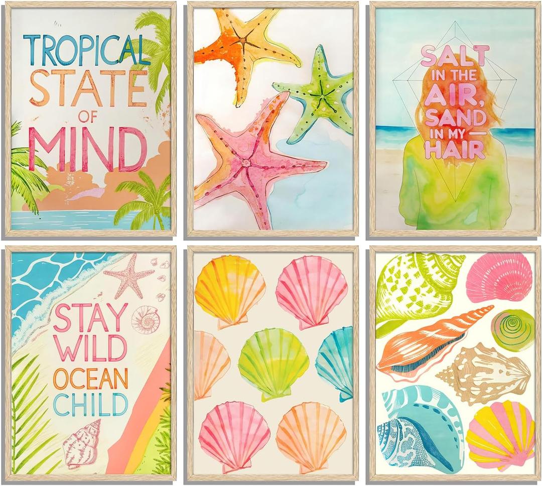 ZHJIOFXG Colorful Beach Poster Set of 6 Beachy Room Decor Pastel Coastal Aesthetic Wall Art Shell Starfish Palm Tree Painting Picture Artwork for Girls Bedroom Dorm Apartment Decorate 12x16in Unframed