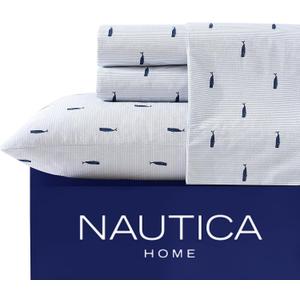 Nautica - Queen Bed Sheets, Cotton Percale Bedding with Matching Pillowcases, Fully Elasticized, Oeko-Tex Certified (Whale Stripe Blue)