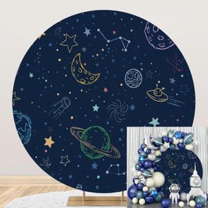 Polyester Diameter 6.5ft Space Theme Round Backdrop Drawing Universe Cartoon Galaxy Starry Sky Roaming Background for Photography for Boys Children Birthday Party Decoration Photo Studio Props (Style4)