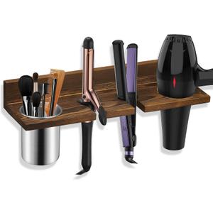 Hair Tool Organizer Wall Mounted - Wooden Dryer Holder, Blow Dryer Holder for Bathroom, Rustic Styling Tools Organizer for Flat Iron, Curling Wand, Hair Straighteners, Brushes, Brown