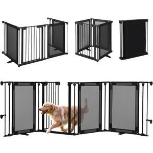 Freestanding Dog Gate, 100" Extra Wide Pet Gate with Auto-Close Door, Foldable Grip-Resistant Dog Fence for Indoor/Outdoor, 29" Tall Pet Barrier for Stairs/Doorways/Fireplace (4 Panels, Black)