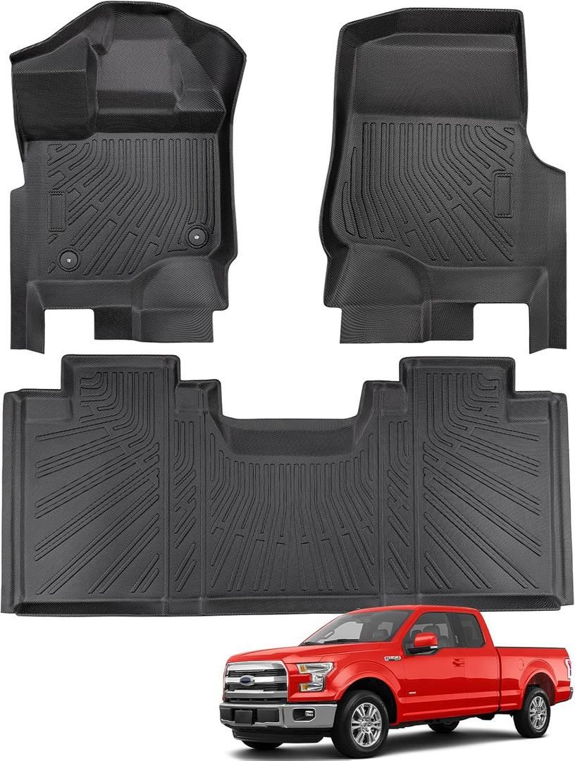DiffCar for Ford F150 Floor Mats Super Cab/Extended Cab 2015-2025 2026 (Not for SuperCrew Cab) All Weather TPE Car Accessories for Ford F150 Automotive Floor Mats for Pickup Truck, Black Car Mat 3PCS