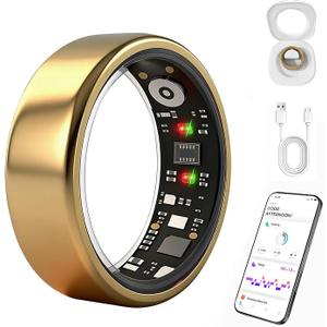 Smart Ring for Women Men, Health Fitness Ring Gen 3 with Free App No Subscription Fee, Stress & Sleep Monitor, Heart Rate & Step Tracker, IP68 Waterproof, Android/iOS Compatible (Gold,7)