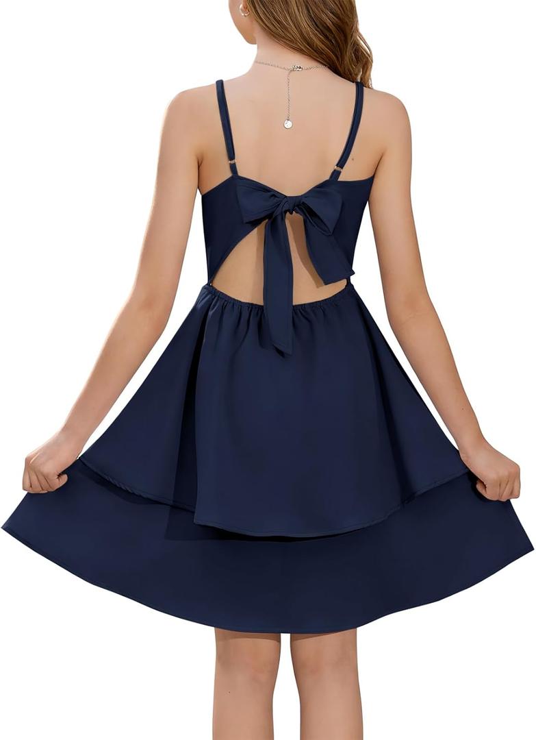 Haloumoning Girls Tie Back Dress Kids Spaghetti Strap Layered Ruffle Summer Beach Sundress 5-6 Years (Blue)