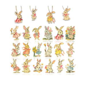 Vintage Easter Decoration Wooden Hanging Ornaments - 36Pcs Vintage Style Rabbits Bunny Wood Cutouts Rustic Farmhouse Spring Tree Decor Home Easter Party Supplies