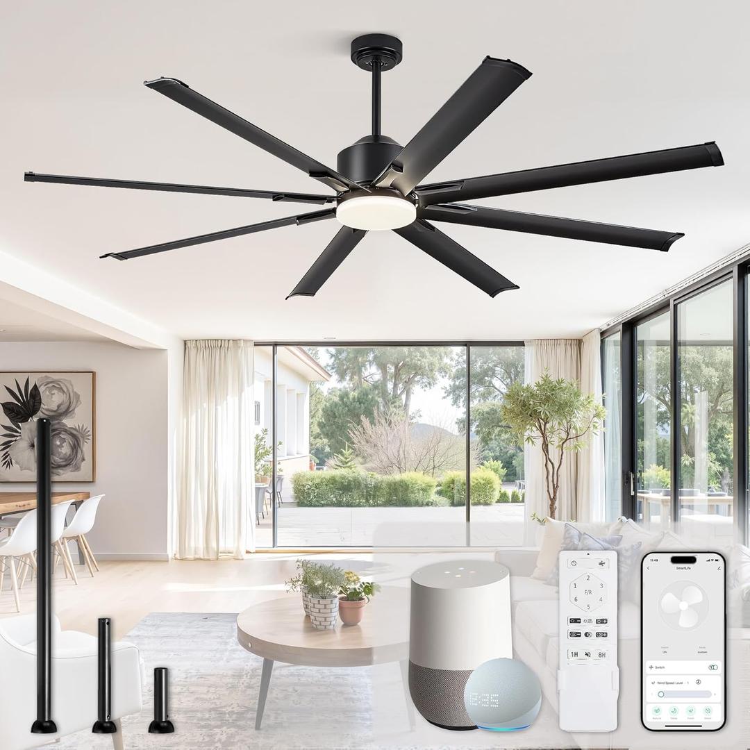 72 Inch Smart Ceiling Fan with Light and Remote via WIFI Alexa, Industrial Ceiling Fan with 8 Black Aluminum Blades, 3000-6000K Dimmable, 6 Speeds, Indoor Outdoor Ceiling Fans for Patio Living Room
