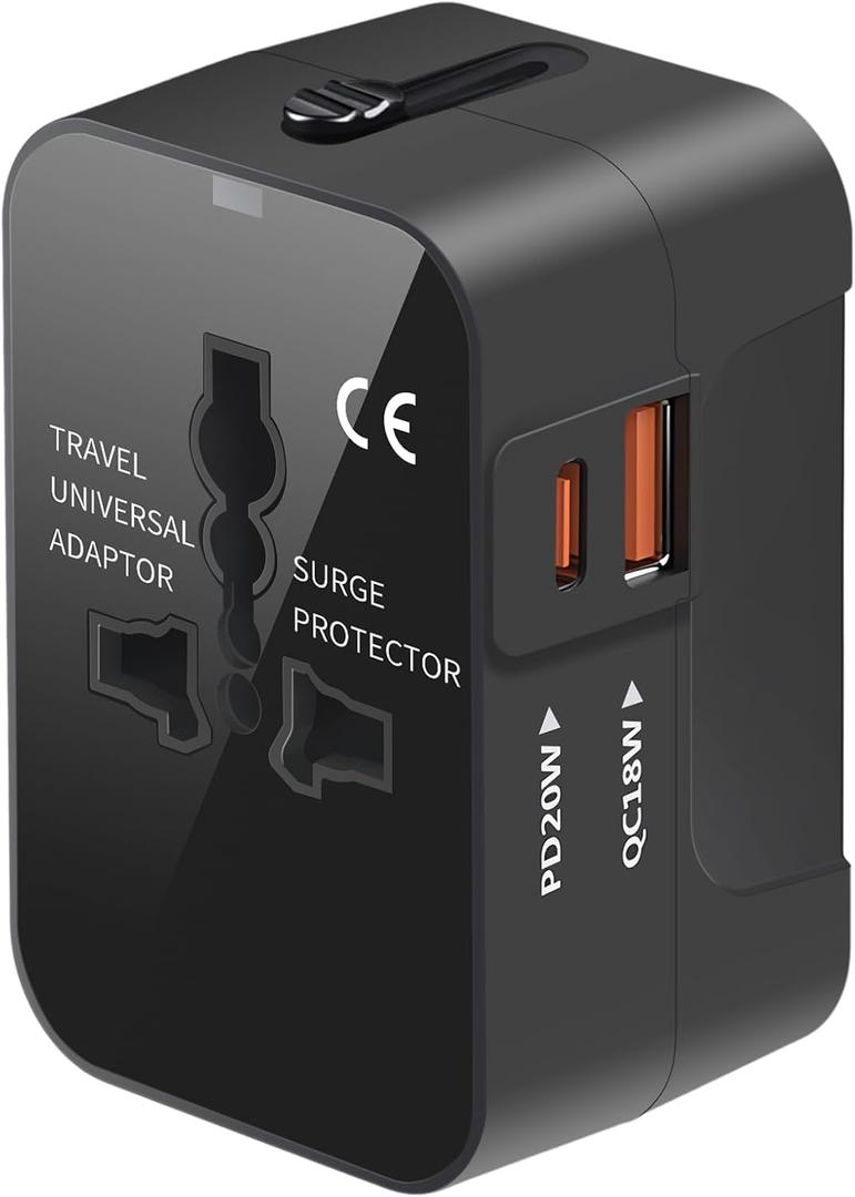 Universal Travel Adapter with 3.0A PD USB-C & QC USB-A Ports, Fast Charging International Plug Adapter, Worldwide Wall Charger AC Power Plug Converter Adaptor for US to EU UK AUS Asia (Black(PD&QC))