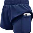 WIFFGO Girls Athletic Shorts 2 in 1 Elastic Waist Pockets Biker School Ball Games Running Sports Teen Summer Outfits (Navy Blue)(Size 160)