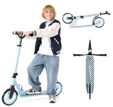 Scooters for Kids 5-7 8-12, Lightweight Foldable Kick Scooter, 4-Level Adjustable Handlebar, 8-Inch Large Wheels with Shock Absorption, for Ages 6 and Up (Light Blue)