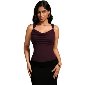 MakeMeChic Women's Casual Cowl Neck Tank Top Ruched Sleeveless with Metal Decor Mesh Top (L)