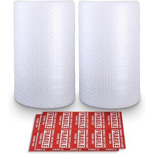 Bubble Cushioning Wrap Rolls, 3/16" x 12" x 72' ft Total [2 Rolls of 36 Feet] Perforated Every 12", 20 Fragile Stickers for Packaging, Shipping, Mailing (Clear)