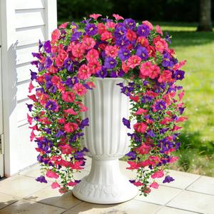 Artificial Hanging Flowers for Outdoors, 2 PCS 300 Blooms UV Resistant Morning Glory Vines Faux Flowers, Realistic Silk Flower Fake Hanging Plants for Porch Patio Garden Decor, Purple&Rose Red