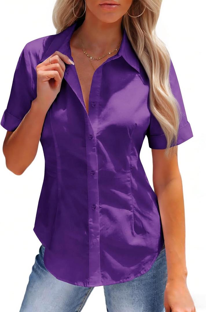 siliteelon Button Down Shirts for Women Stain-Resistant Short Sleeve Collared Dress Shirt Business Casual Tops Work Blouse (Purple, L)